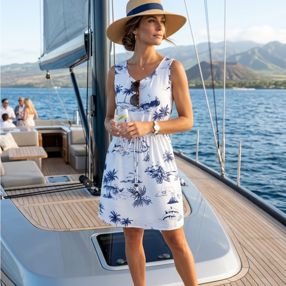 Palmwave Hawái Asymmetrical White and Blue Dress